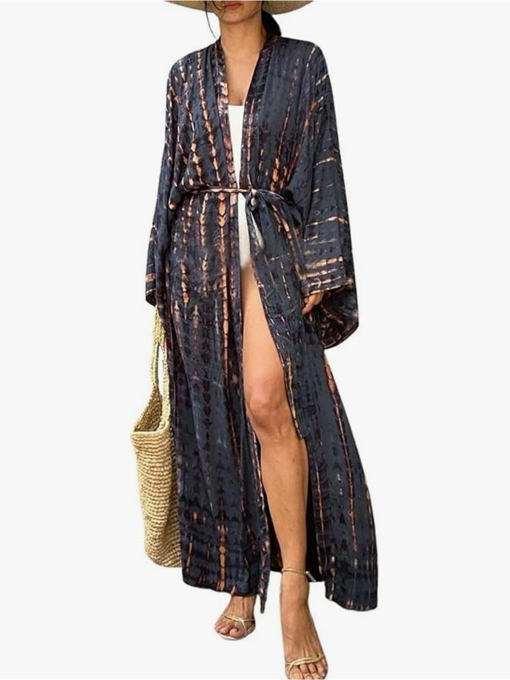 NWOT Tie-Dye Black & Copper Long Swim Cover-Up Kimono